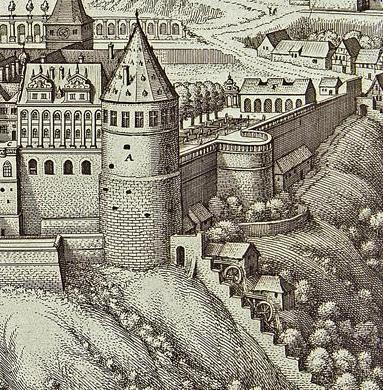 Detail aus einem Kupferstich von Schloss und Schlossgarten Heidelberg von Matthäus Merian um 1620